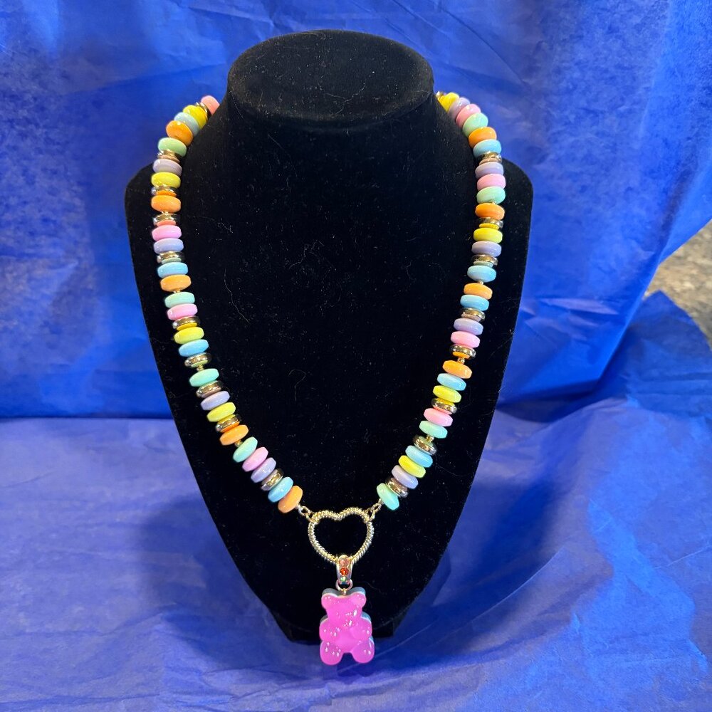 Betsey Johnson Gummy Bear Necklace Multicolor Candy Beaded Heart Pendant Y2K